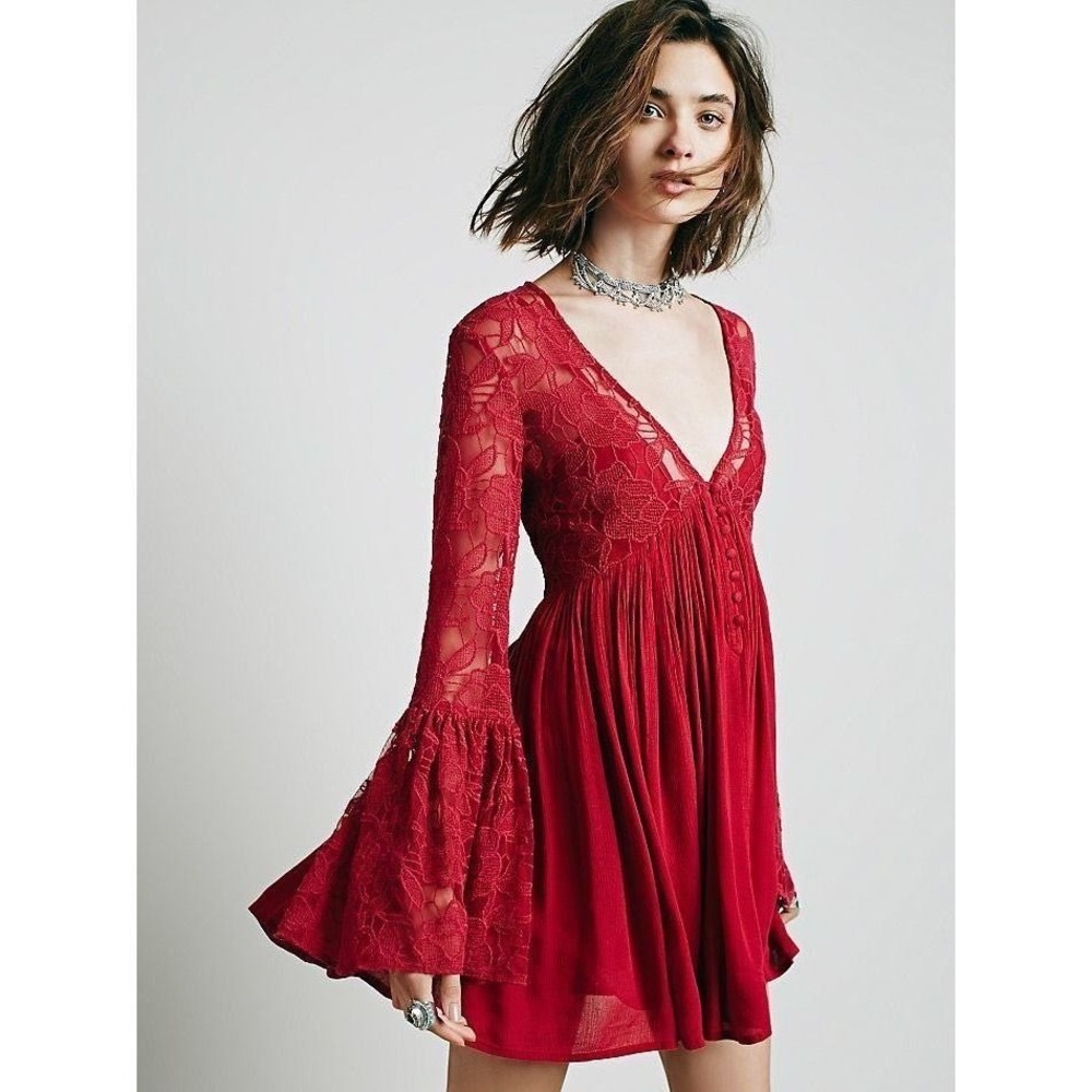 Free People With Love Lace Bell-Sleeve Mini Dress Small Burgundy
